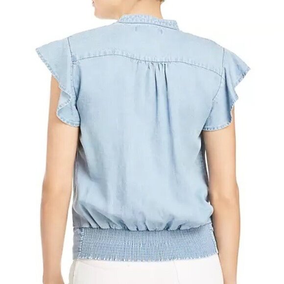 FRAME Large Flutter Sleeve Smocked Chambray Women’s Linen Blend Top Blouse - Picture 10 of 10